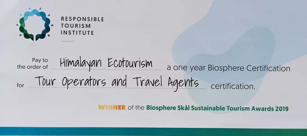 Skal Biosphere Award Certificate to Himalayan Ecotourism
