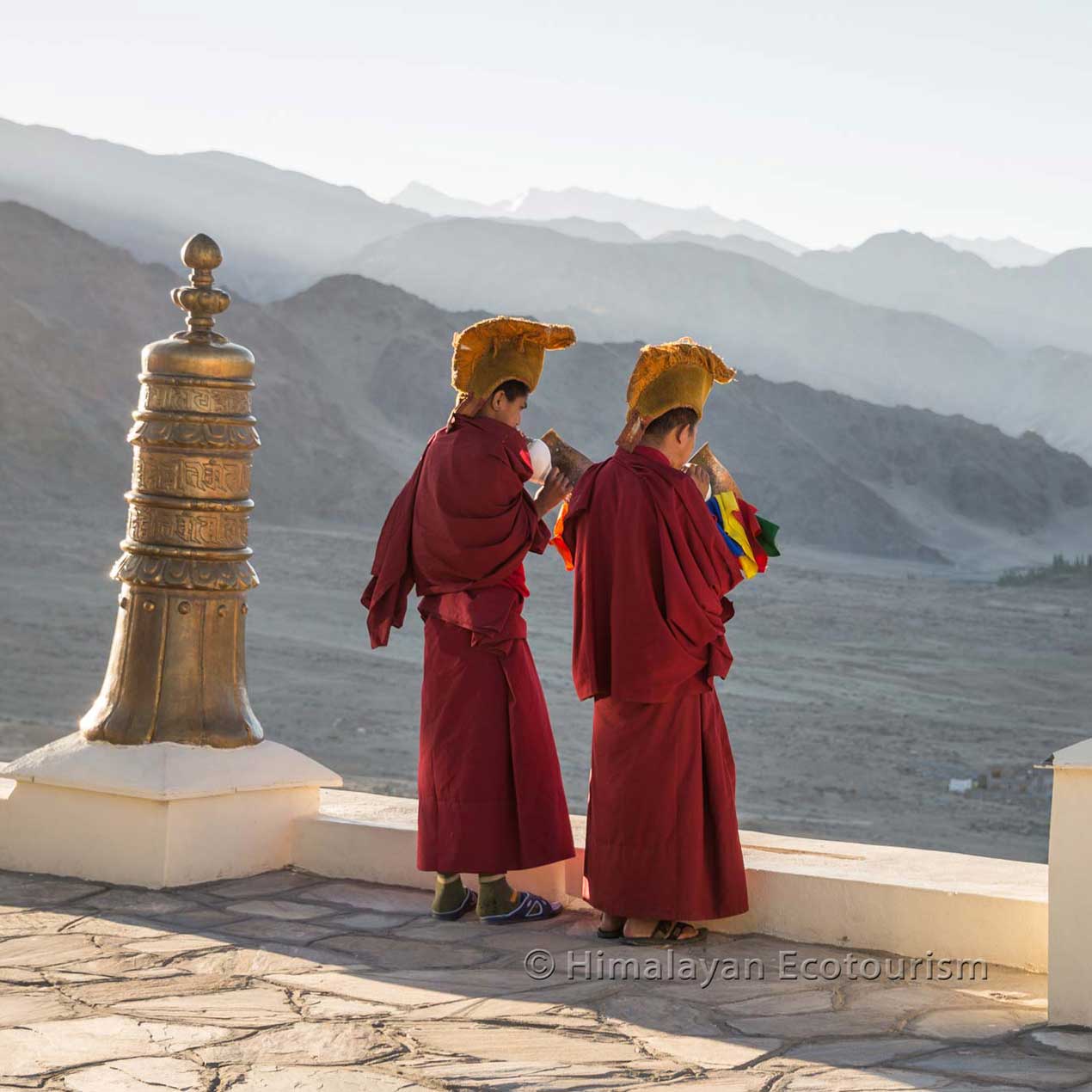 Monks playing musical instruments in Stakna, Ladakh